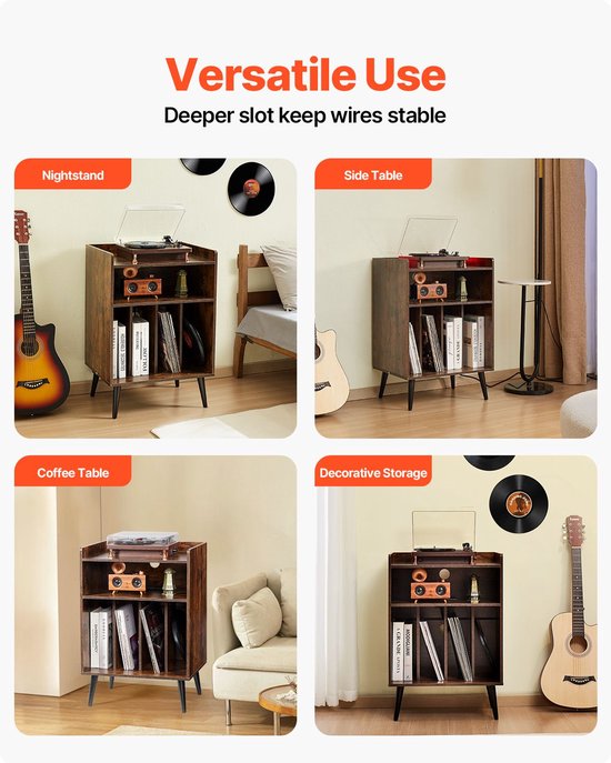 Platenspelerstandaard met LED-verlichting- draaitafelstandaard met 3 niveaus- oplaadstation en USB-poorten- biedt plaats aan maximaal 150 albums- vinylplatenkast met displayplank voor slaapkamer en woonkamer. — afbeelding 5