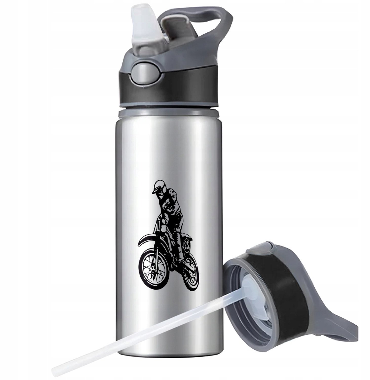 Aluminium Sport Bidon 650ml met Rietje en Handvat - Zilver