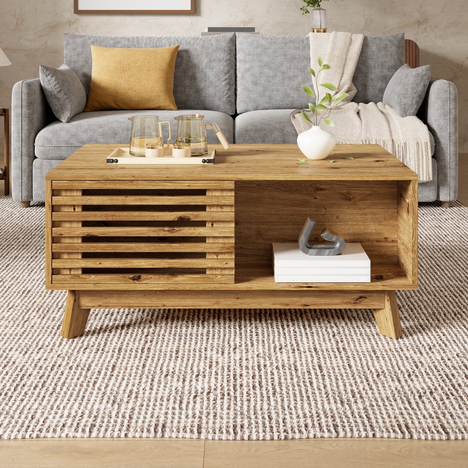 Clruro Salontafel - 90×55×57,5 cm - Hefblad - Lamellenschuifdeur - MDF - Houtlook Naturel