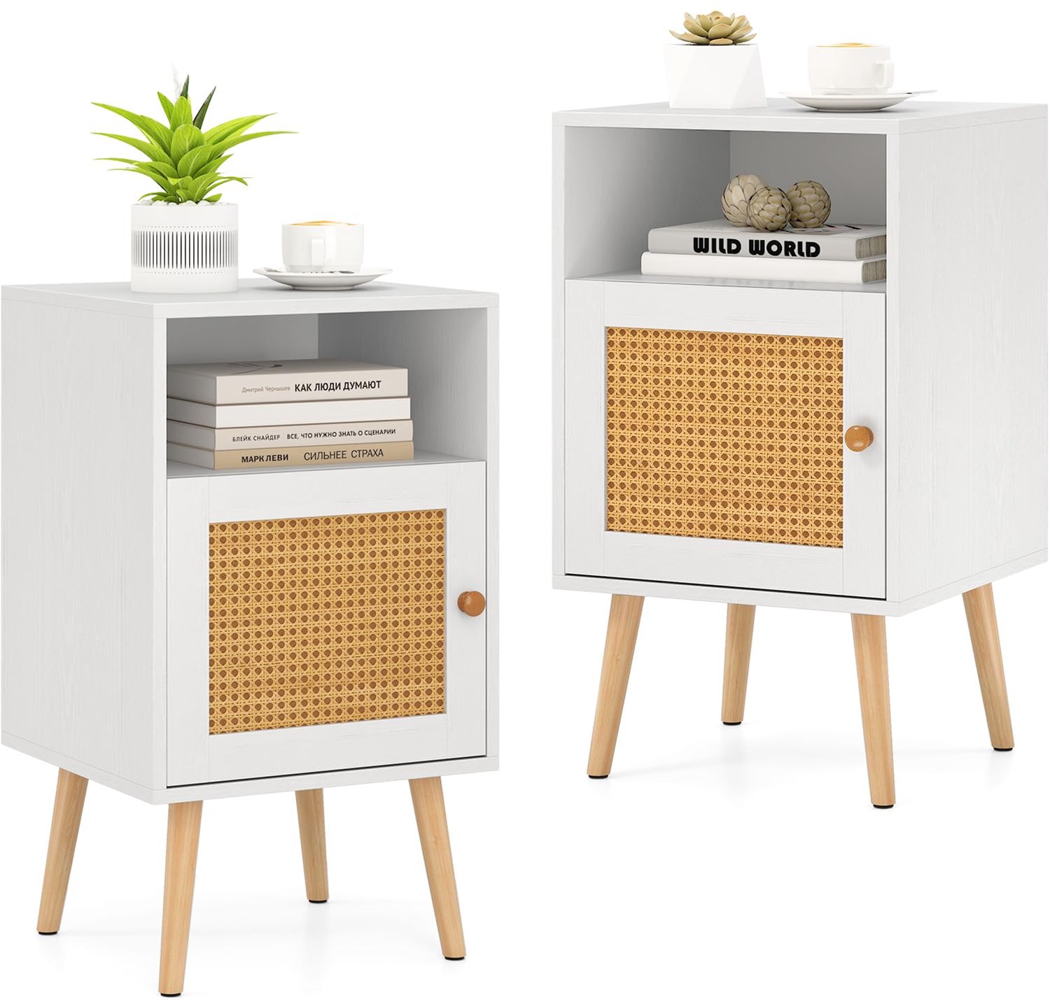 Costway set van 2 Nachtkastje van rotan, bijzettafel met open plank en deur, landelijke stijl, ideaal voor slaapkamer en woonkamer, 40 x 39 x 70 cm wit