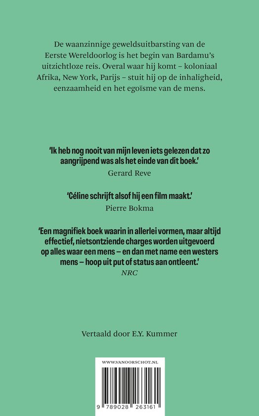 Boek "Reis naar het einde van de nacht". Tekst over de waanzinnige geweldsuitbarsting van de Eerste Wereldoorlog en Bardamu's uitzichtloze reis.