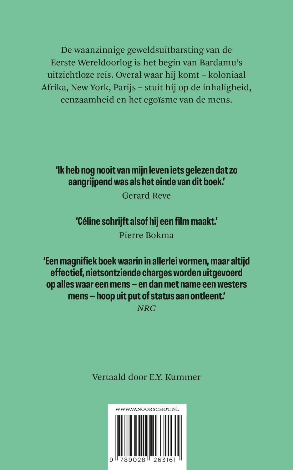 Boek "Reis naar het einde van de nacht". Tekst over de waanzinnige geweldsuitbarsting van de Eerste Wereldoorlog en Bardamu's uitzichtloze reis.