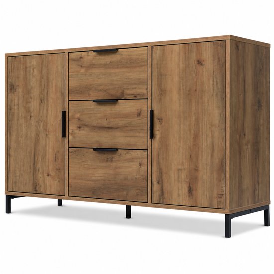 Dressoir met rustieke houtlook, drie lades en twee deuren, met zwarte metalen poten.