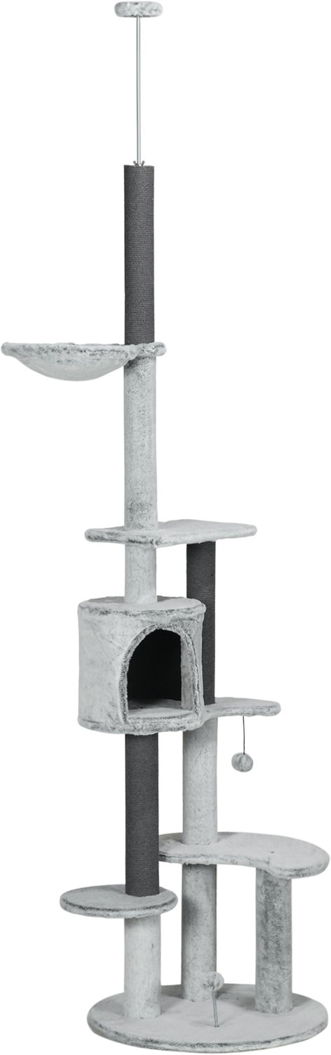 Pawona Plafondhoge krabpaal - Met hangmat, kattenhuis en speelbal - 225-255 cm - Grijs