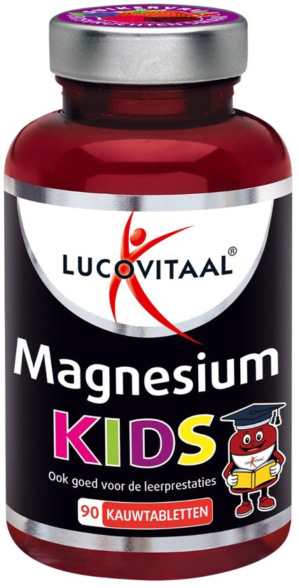 Lucovitaal Magnesium KIDS kauwtabletten met 90 stuks, met een stripfiguur op de verpakking.