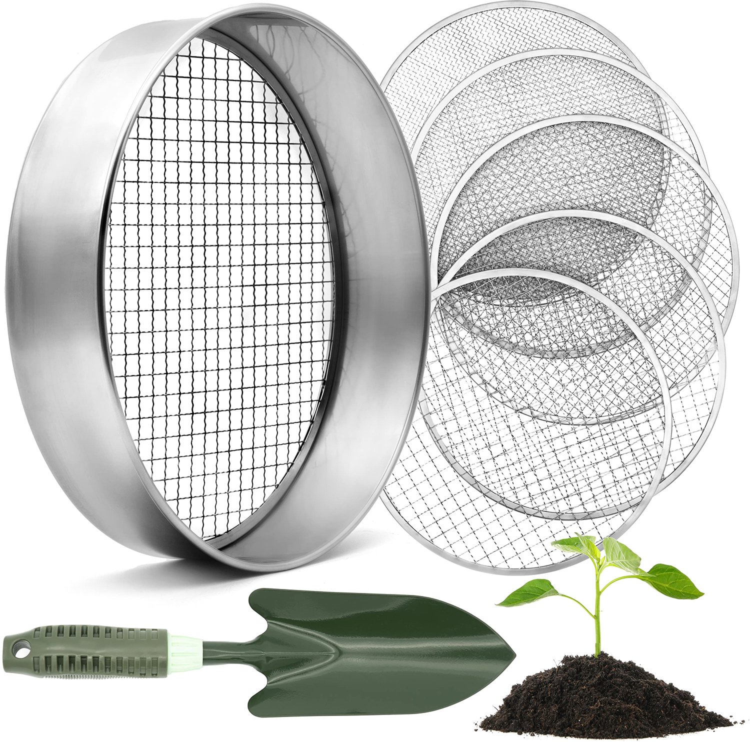 Famanu - Tuinzeef rond 30 cm - Ideaal voor het zeven van aarde en compost - Gemaakt van roestvrij staal - Zilver 1 stuk