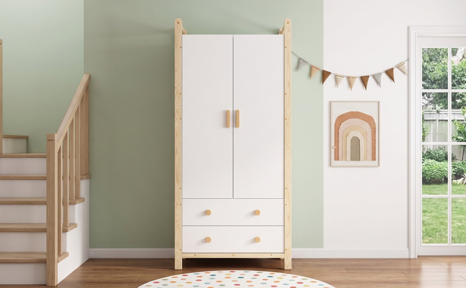 MODENUIT Kledingkast - 2 Deuren, Kledingroede En 2 Lades - Voor Slaapkamer - Wit Naturel - 90x45x180 Cm Wit en naturel