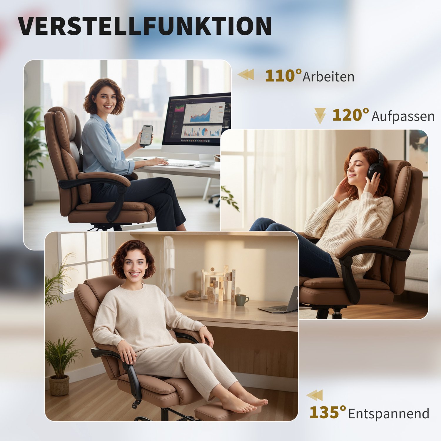 Homona Bureaustoel met voetensteun - In hoogte verstelbaar - Met lendenkussen - 65 x 67 x 111-119 cm - Bruin