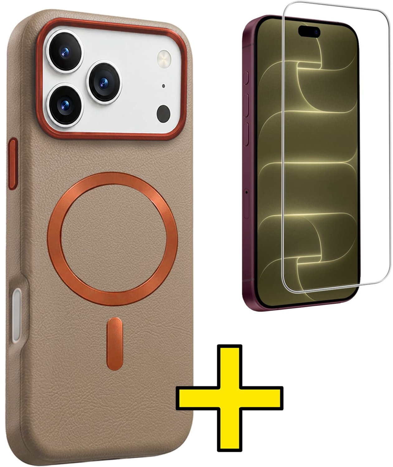 Hoesje - Met Screenprotector - Geschikt voor Apple iPhone 18 Pro - Magsafe Compatible - Leer Look - Sterk & Shockproof - Back Cover - Shock Proof Case - Telefoon Hoes - Telefoonhoesjes - Crème