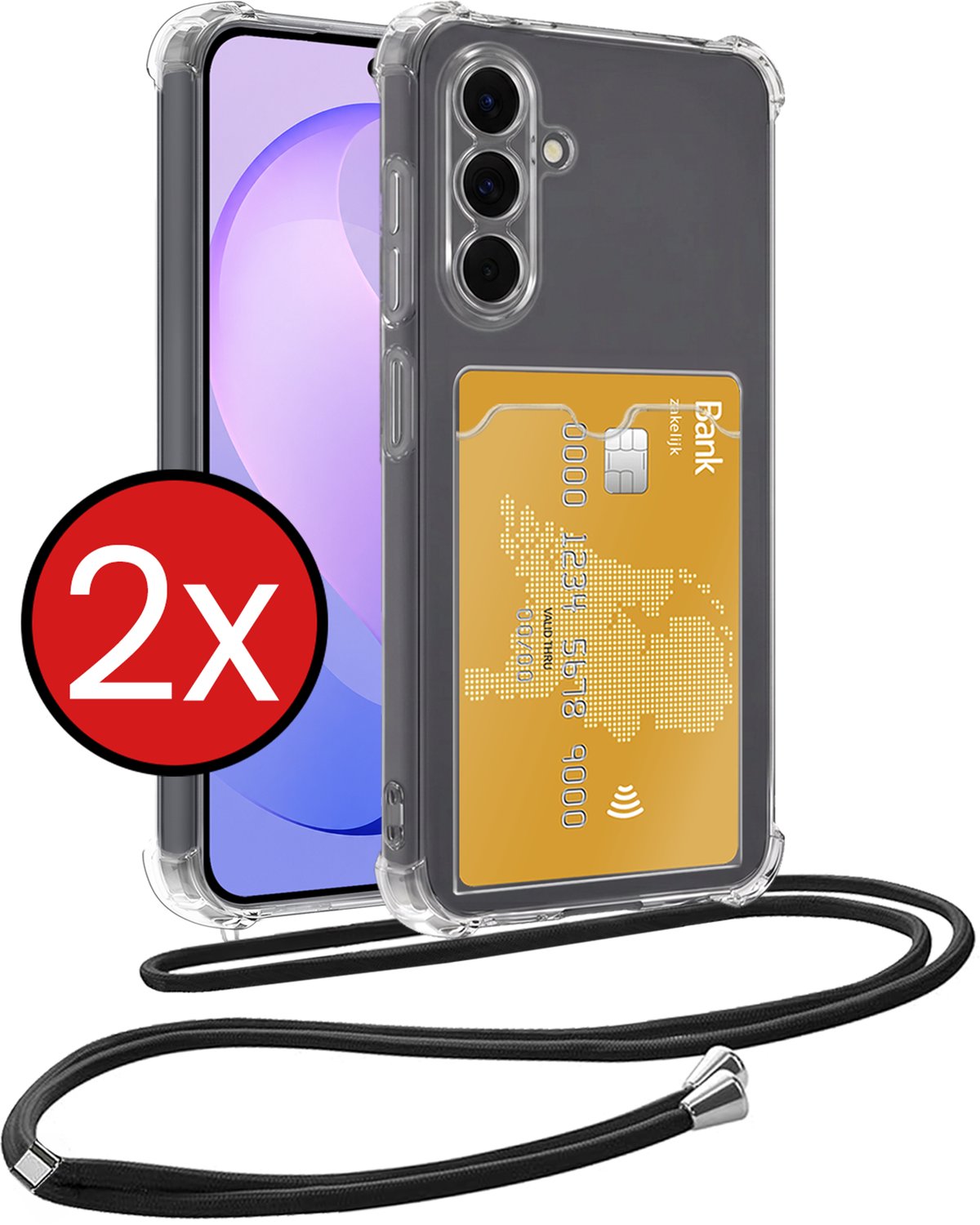 Hoesje Geschikt voor Samsung S26 FE Hoesje Met Telefoonkoord en Pasjeshouder Siliconen - Hoes Geschikt voor Samsung Galaxy S26 FE Hoesje Met Kaarthouder Shock Proof Case - Transparant - 2 PACK