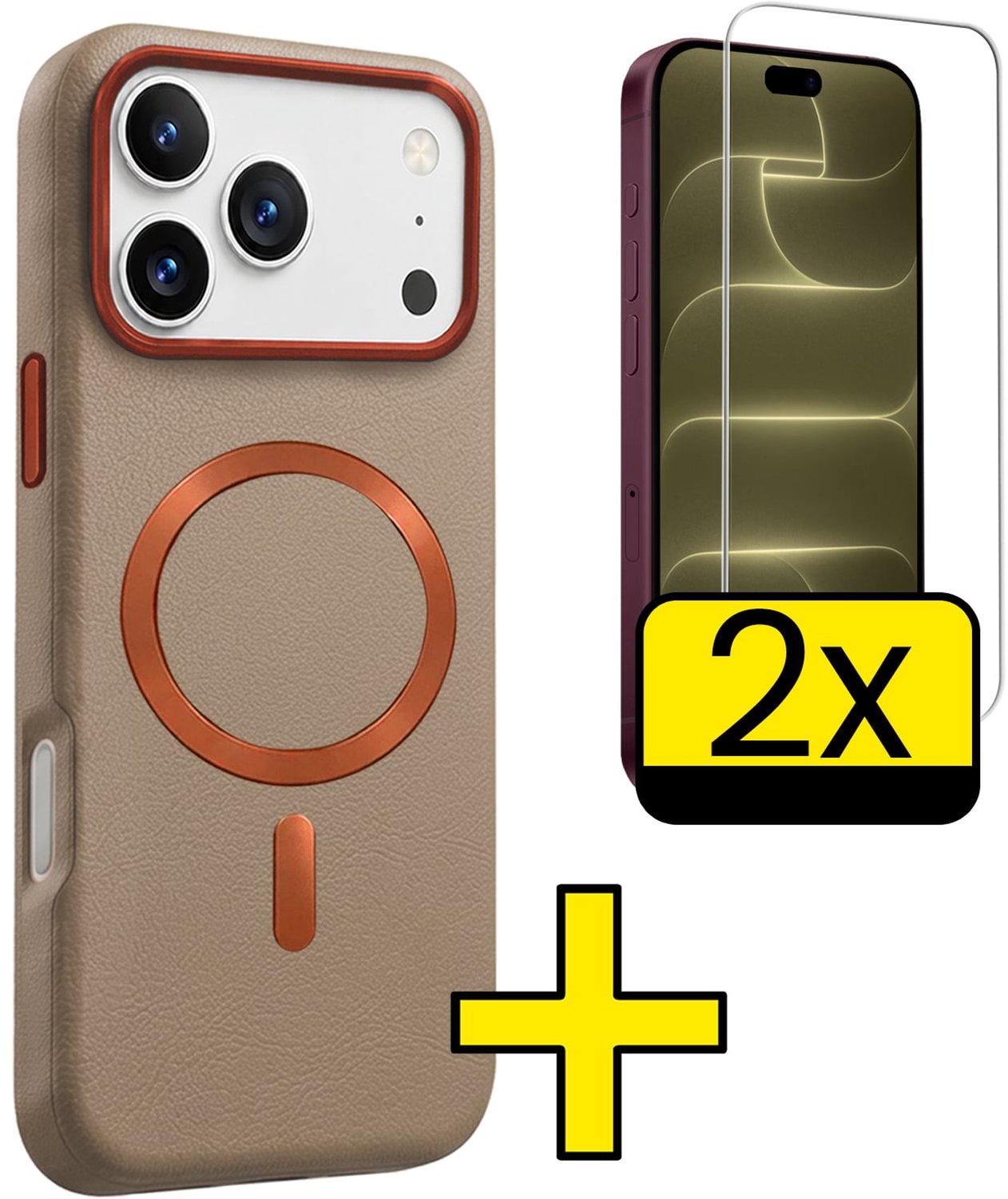 Hoesje - Met 2x Screenprotector - Geschikt voor Apple iPhone 18 Pro - Magsafe Compatible - Leer Look - Sterk & Shockproof - Back Cover - Shock Proof Case - Telefoon Hoes - Telefoonhoesjes - Crème