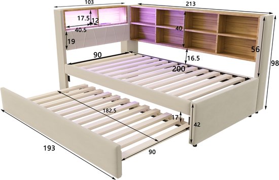 Slaapbank met uitschuifbed - Gestoffeerd eenpersoonsbed - LED verlichting - USB poorten - 150kg draagkracht - Logeerkamer - 90x200cm - Beige-zonder matras