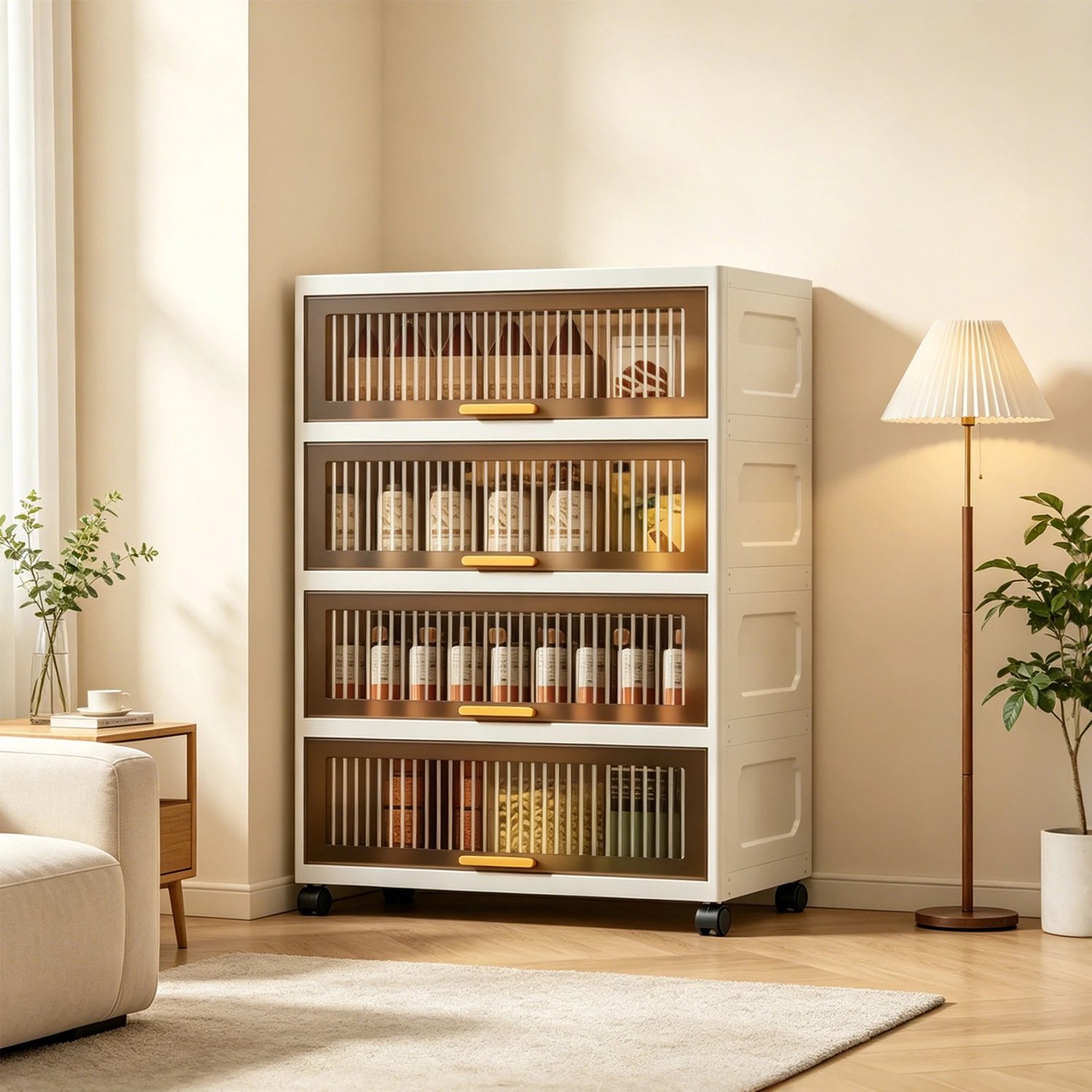 Marqs Opbergkast - Opbergkasten - Met wielen - Met transparante deuren - 30x70x109 cm - 4 Niveaus - Beige - Magnetische sluiting