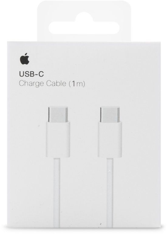 Witte Apple USB-C oplaadkabel (1m) in verpakking met Apple logo.