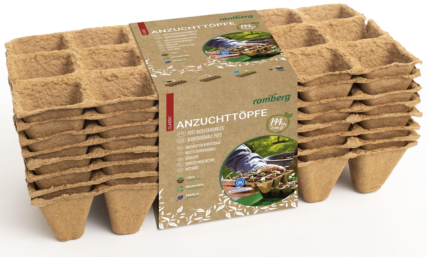 Romberg set van 144 vierkante zaaipotjes - Biologisch afbreekbaar, 5 cm Ø, 100% turfvrij, ideaal voor zaden, zaailingen & stekjes, milieuvriendelijk met zegel
