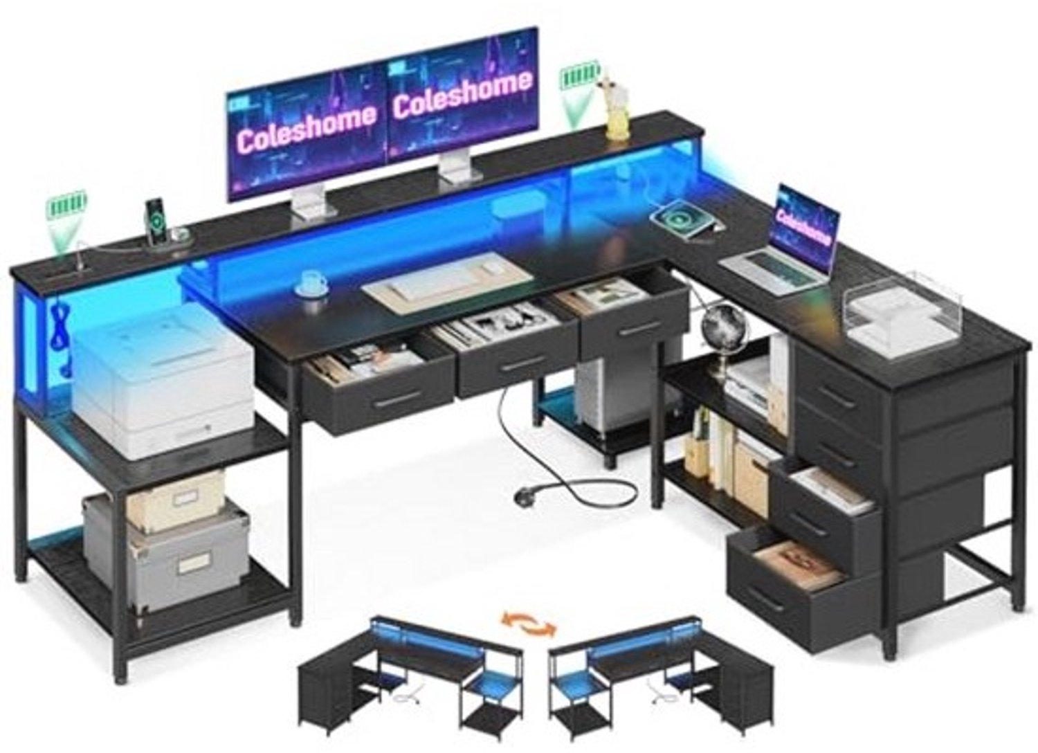 Gamingtafel met hoekbureau - RGB-LED, 7 laden en opbergruimte voor kantoor en gaming