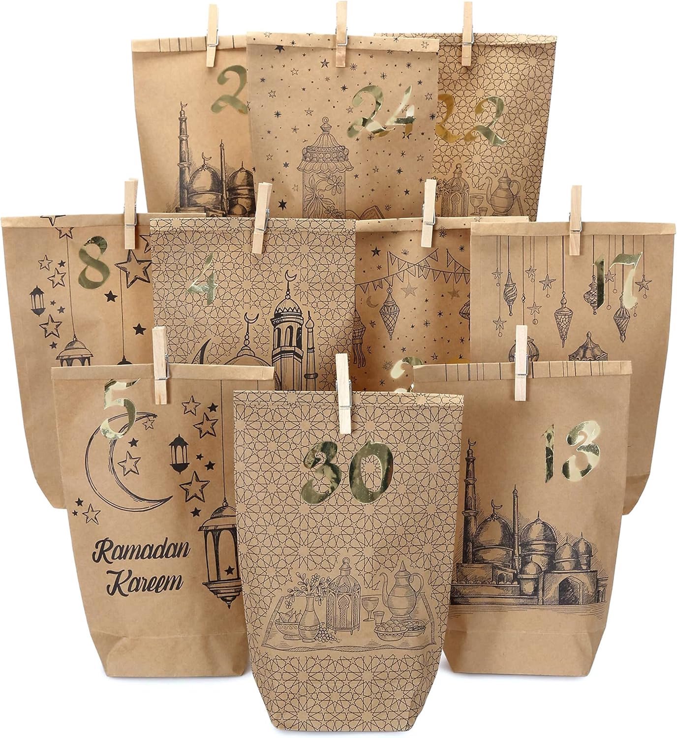 Famanu - Ramadan Kalender om te vullen - Decoratieve kraftpapiertassen voor geschenken - Ideaal voor feestelijke decoratie - 30 stuks