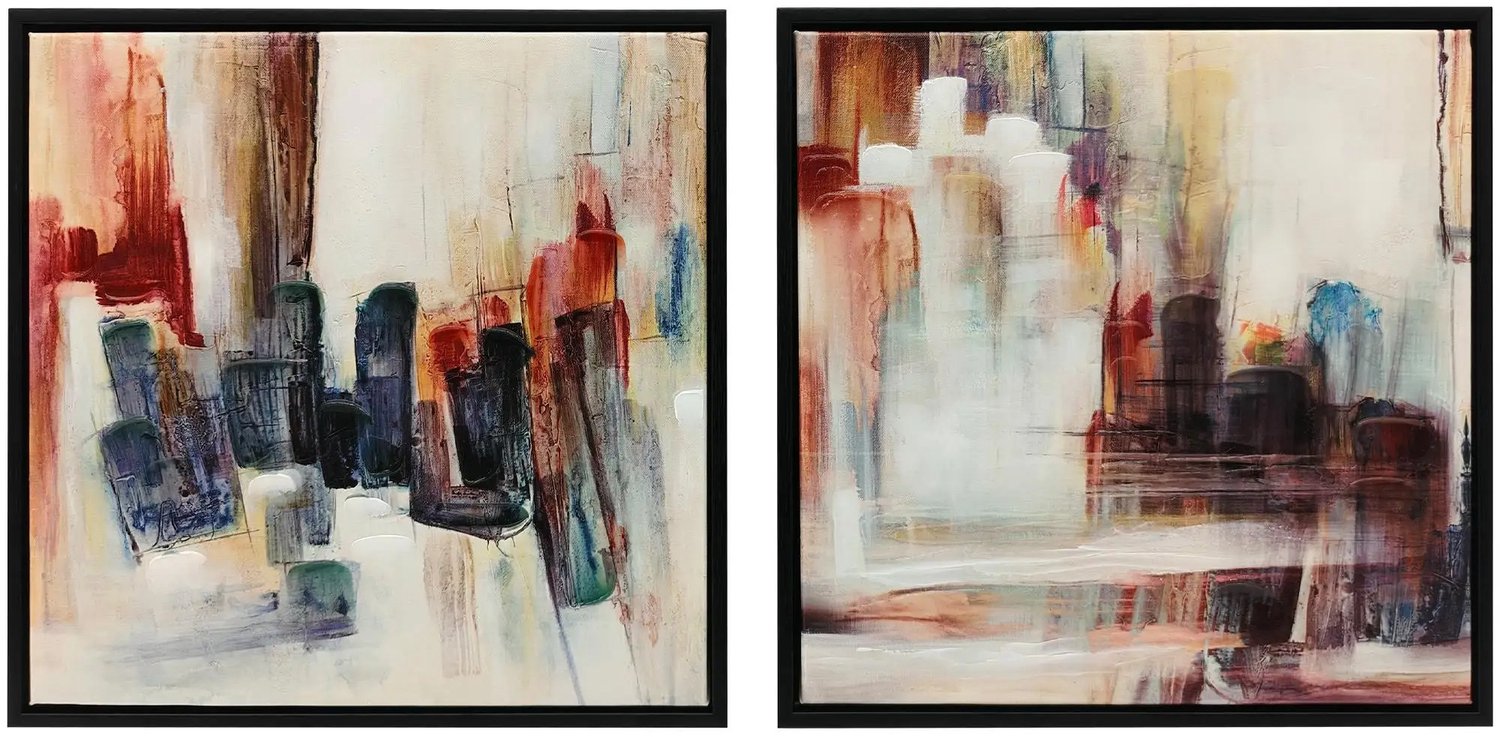 Molhaus Set van 2 Handgeschilderde Canvas Schilderijen 40 x 40 cm met Lijst - Abstracte Wanddecoratie voor Woonkamer & Kantoor