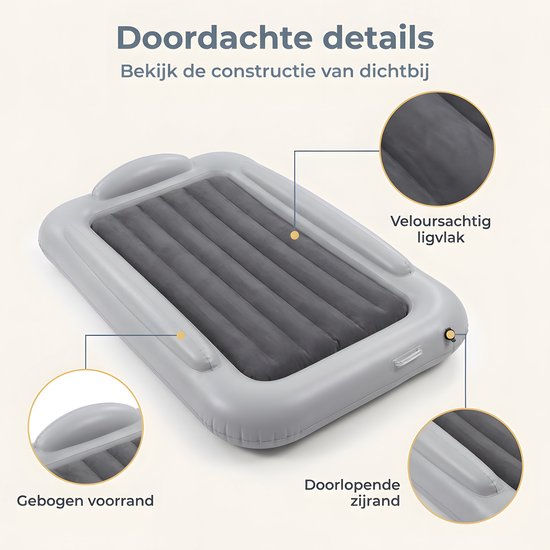 Kinder Luchtbed PVC Fluweelzacht Opblaasbaar Bed voor Kinderen Opvouwbaar Luchtmatras Kinder Slaapmat voor Thuis Reizen en Camping Grijs met EU-Luchtpomp — afbeelding 3