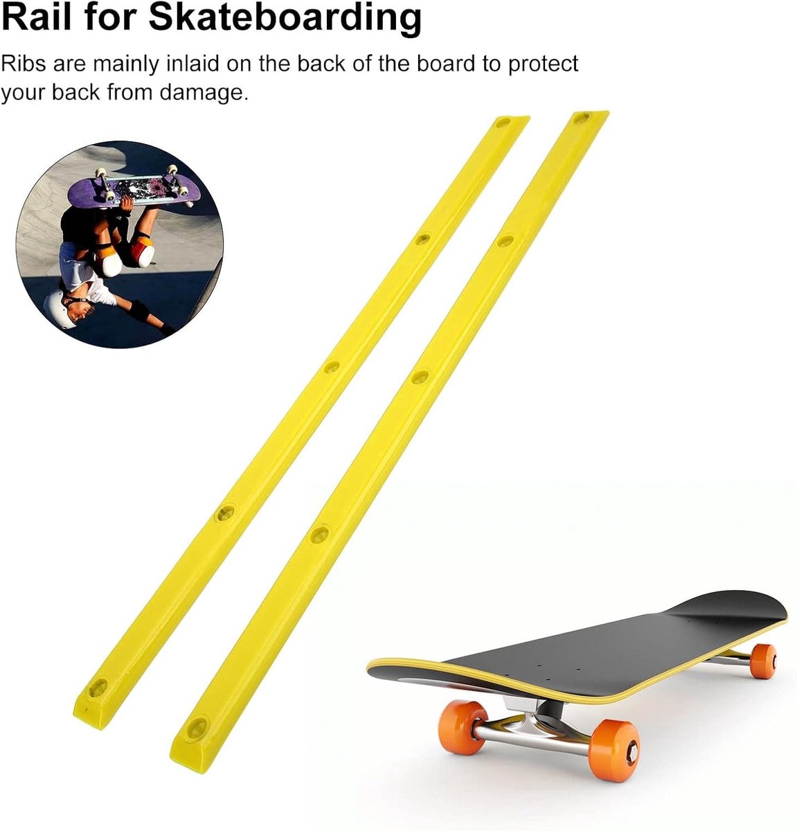 Set van 2 Flexibele Skateboard Rib Bones Rails voor Stabiliteit en Frictie Vermindering met Schroeven (Geel)