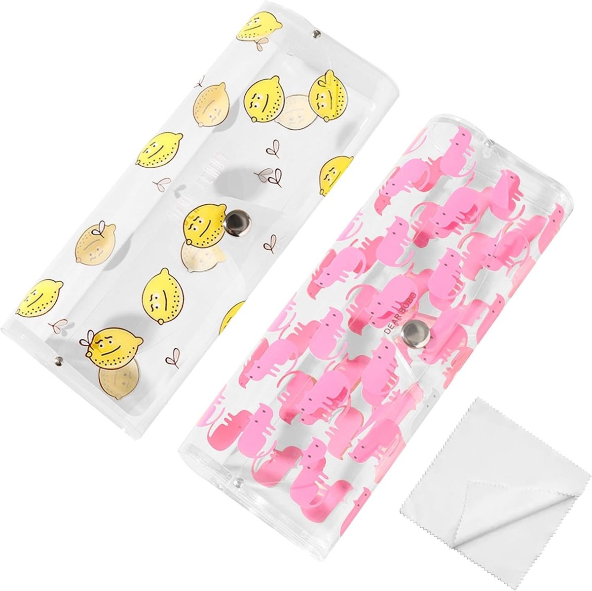 Set van 2 zachte brillenkoffers van hoogwaardig PVC, draagbare brillenbescherming, brillenhoes voor mannen en vrouwen in geel en roze, 15.5*6cm