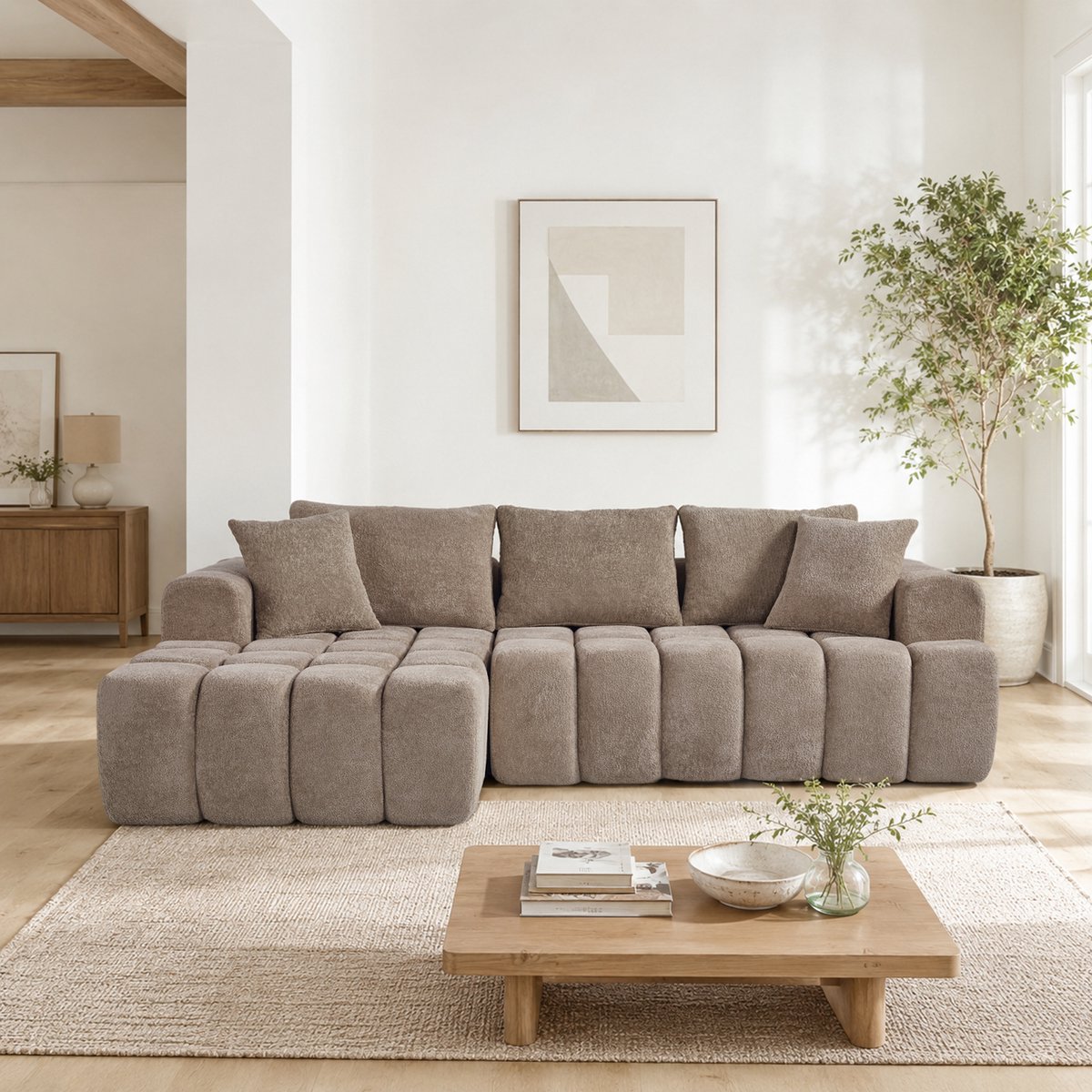 DESMIU Hoekbank Bed - Modulaire L-Vormige Bank - Met Chaiselongue En Kussens - Voor Woonkamer, Appartement En Kantoor - Fluweel - Khaki