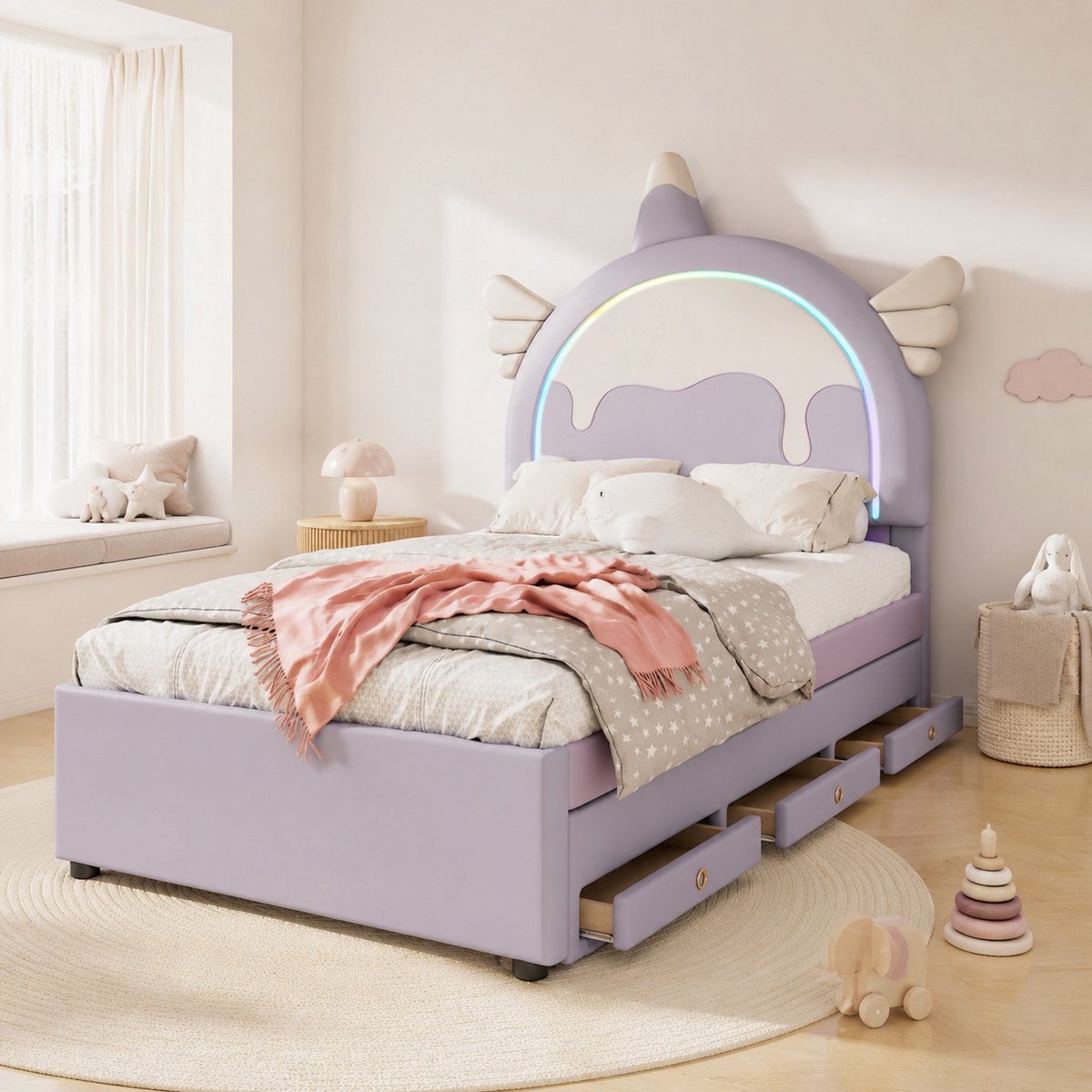 MIVRAY Kinderbed 90x200cm Zonder Matras - Eenpersoonsbed met Uittrekbed en Laden - Eenhoorn Design voor Kinderkamer - Kunstleer MDF - Paars — cadeau in Cadeau-ideeën - foto 5