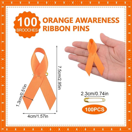 100 Stuks Satijn Ribbons Pins voor Kankerbewustzijn, Leukemie en Geweld - Oranje - 7.5 x 4 cm — afbeelding 5