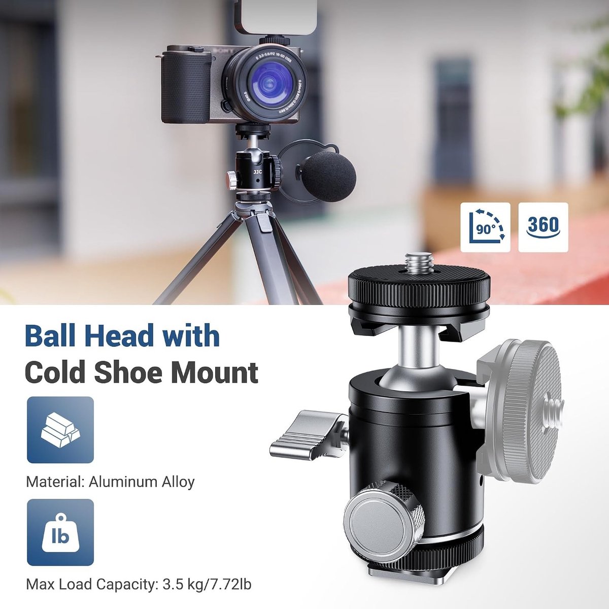 Aluminium Mini Ball Head Adapter met 1/4 Inch Schroef en Koude Schoen, 360° Rotatable voor Camera Statief, Monopod en Microfoon, Max Belastbaarheid 3.5kg