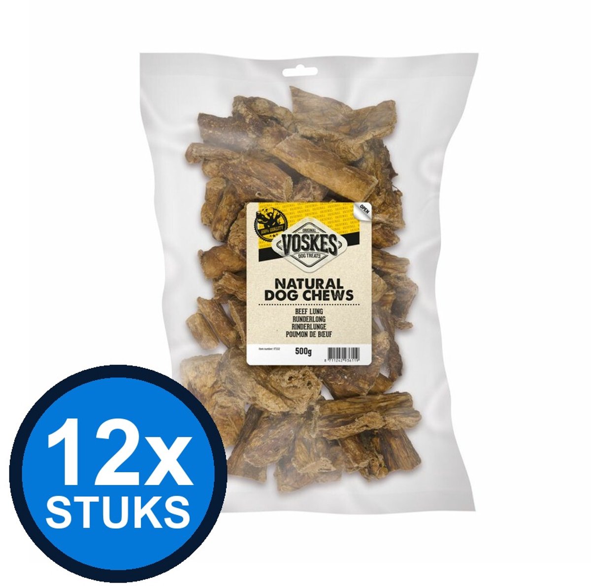 12x Voskes Runderlong - Hondensnack Natural Dog Chews - 500g