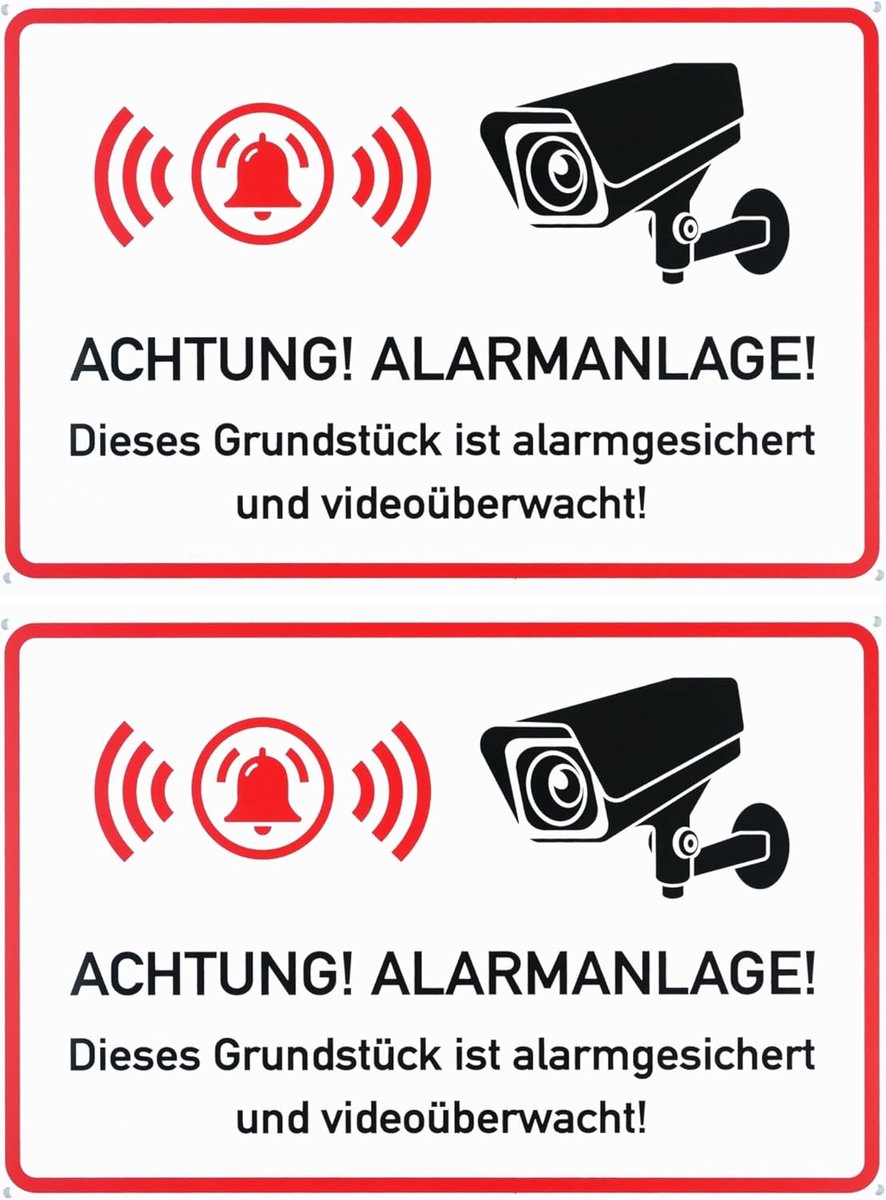 Notitiebord "LET OP! ALARMAGE! Plot wordt videobewakend!", 2 stuks, 30 x 20 cm, 1 mm dik PVC bord met boorgaten - ShopVlot
