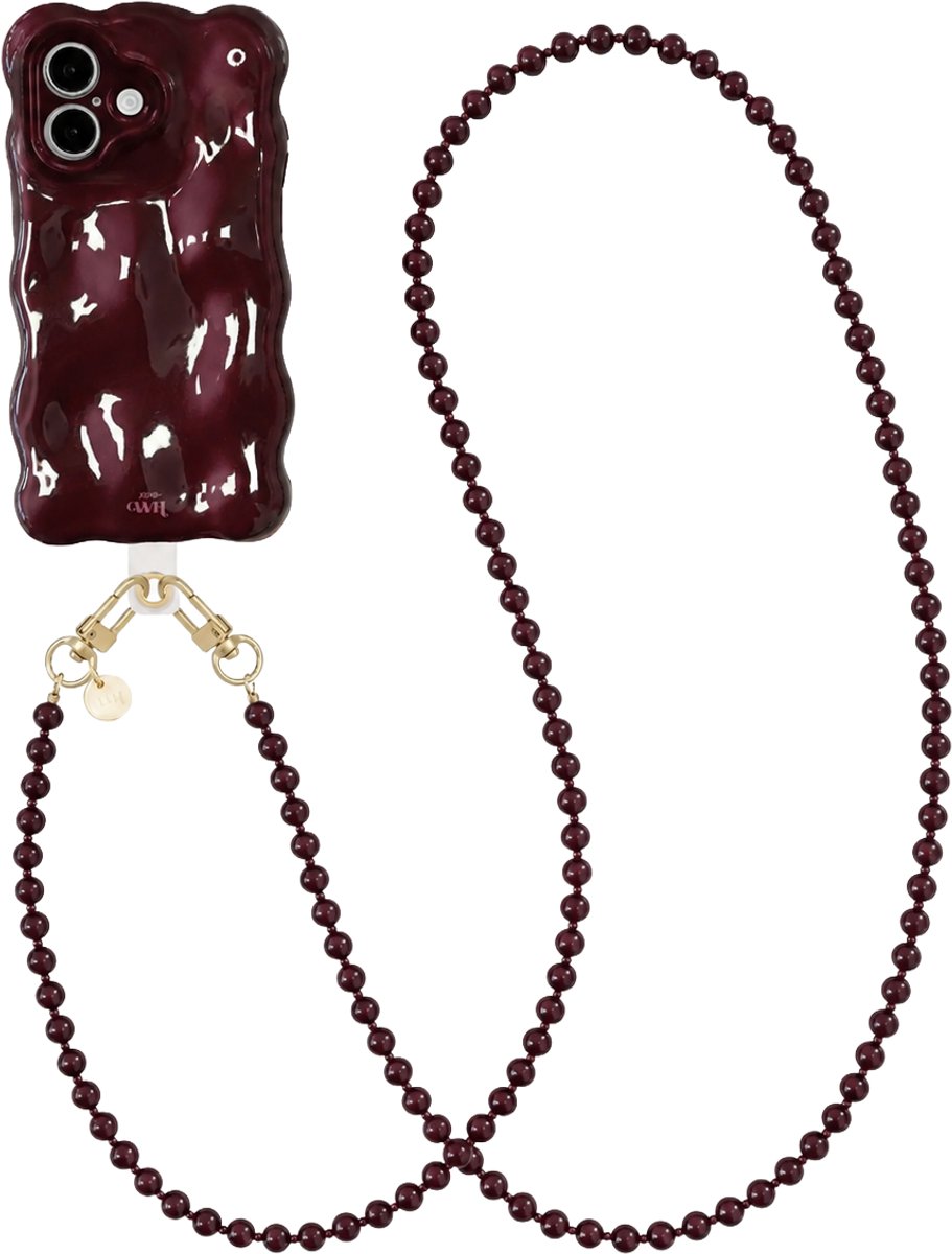 xoxo Wildhearts Bubbly case Burgundy - Burgundy Muse (lang koord) - geschikt voor iPhone 16 - Hoesje met telefoonkoord - golvend hoesje met kralenketting - Telefoonhoesje met afneembaar koord - schokbestendig - Bordeaux rood / Burgundy