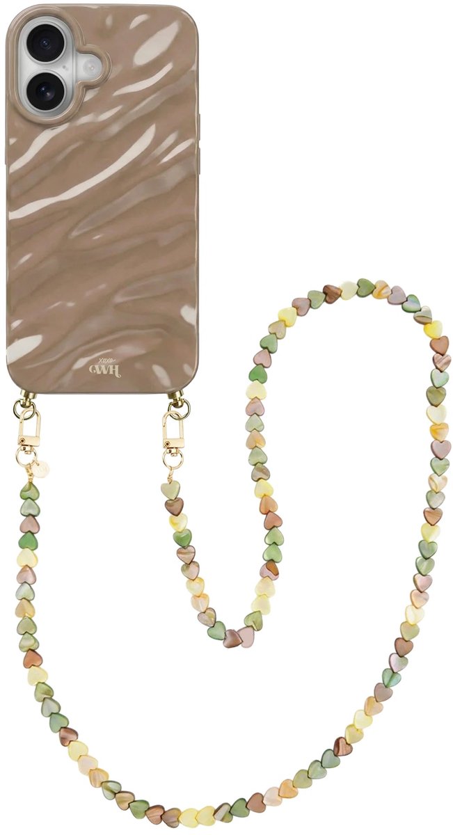 xoxo Wildhearts Taupe Glaze telefoonhoesje met koord - geschikt voor iPhone 17 - Shell Hearts Olives (lang koord) - Dream hoesje met telefoonkoord - Glimmende silicone case met plooien - Hartjesketting - Groen - Beige