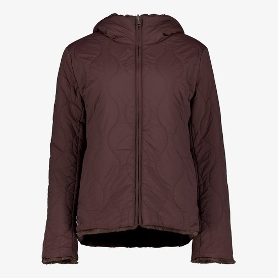 Bruine reversibele jas met capuchon, ruitpatroon aan de voorkant en imitatiebont aan de onderkant.
