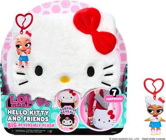 LOL Surprise Hello Kitty omkeerbare pluche in verpakking, inclusief minipop met hartvormige sleutelhanger.