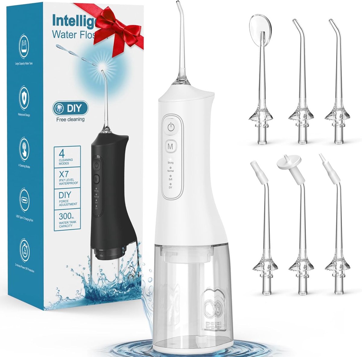 Waterflosser, Draadloze Monddouche met 300 ml Waterreservoir, 4 Reinigingsstanden en 6 Opzetstukken, IPX7 Waterbestendig, Oplaadbare Mondirrigator voor Beugels, Tandvleesverzorging, Thuis en Reizen, Wit