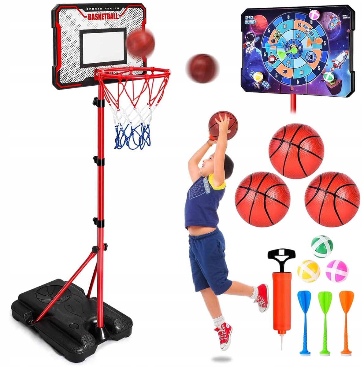 Basketbalpaal Kinderen - Basketbalring Standaard - Basketbalbord & Dartbord Set - Basketbalnet - 107-193 cm Verstelbare - Verstevigde Basis - Incl. Basketbal & Luchtpomp - Thuis & Tuin & Balkon - Voor Peuters 2-4 Jaar