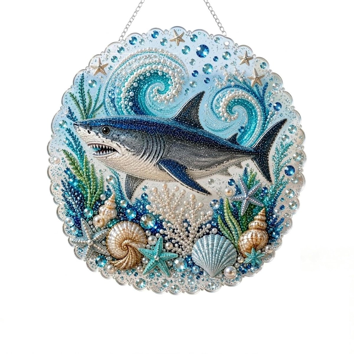 Casalora® Diamond Painting Oceaanhanger – 5D Acryl Zeedecoratie – Haai – Enkelzijdige DIY Set met Parels en Speciale Vorm Diamantjes – Oceaan Raamdecoratie – 20 × 20 cm