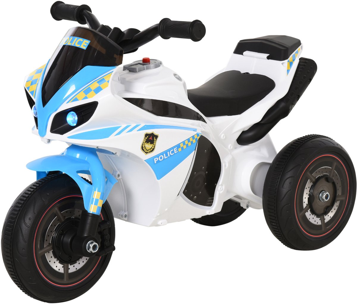 Kindermotorfiets met race-thema, muziek- en lichteffecten, opbergvak, blauw-wit