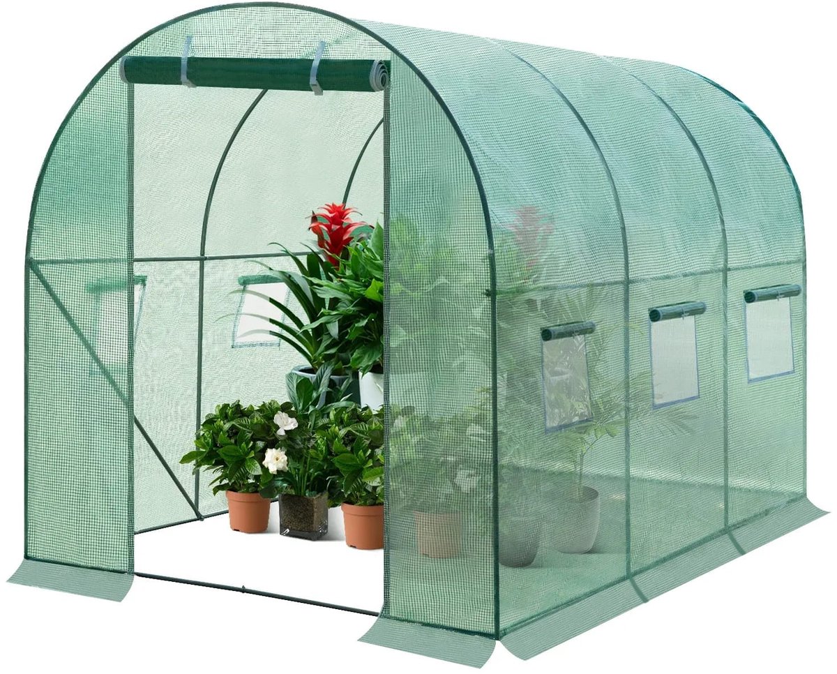 Klarven® Tuinkas Groen - Winterbestendig staalframe, 6 m2 kweekoppervlak - Ritsdeur en 6 ventilatiebovenramen met klamboe - B 200 x D 300 x H 200 cm