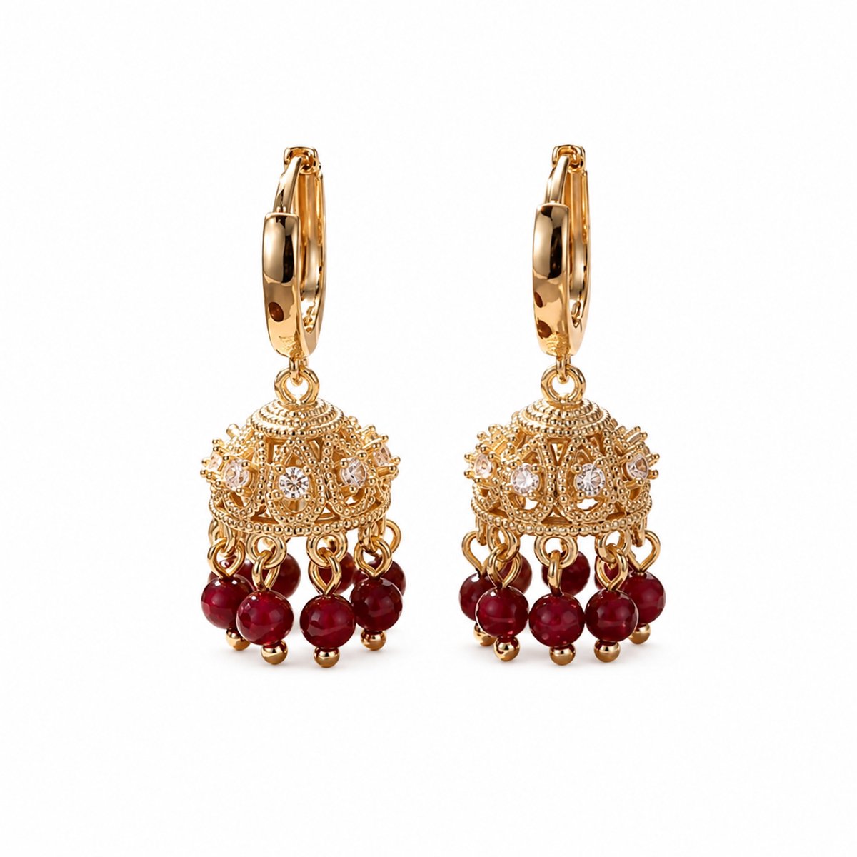 Luxamore® Jhumka Oorbellen Dames Goudkleurig – Zirkonia – Rode Kralen – Statement Hangoorbellen – Cadeau voor Vrouwen