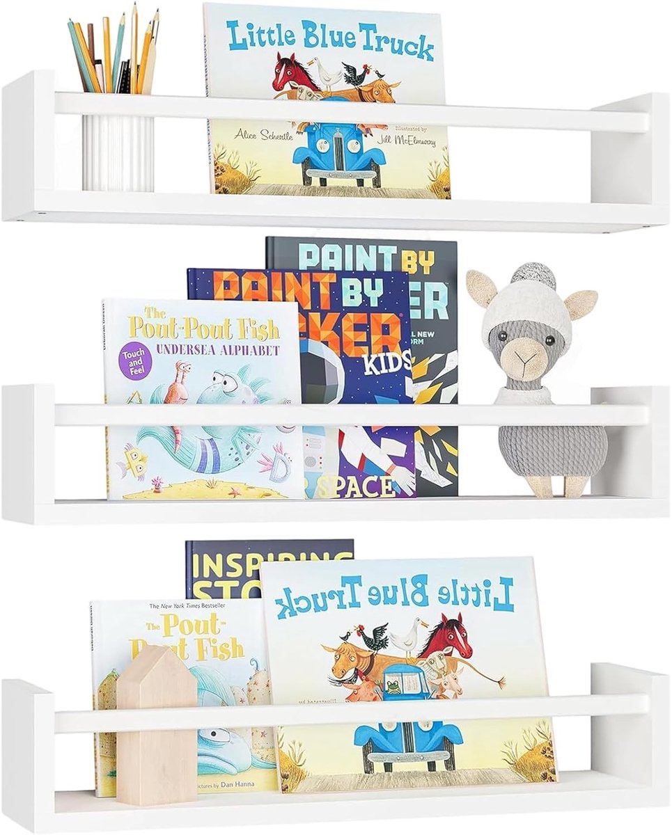 Boekenkasten voor de kinderkamer - 3 stuks zwevende wandplanken van hout met lip voor optimaal ruimtegebruik en decoratie