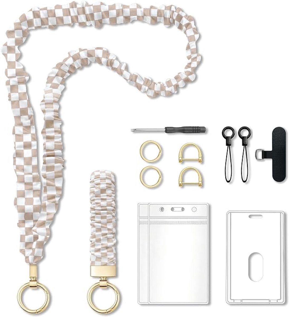 Uittrekbare Satijnen Scrunchie Keycord met Waterdichte Pashouder - Stevig Plastic - Cadeau voor Leerkrachten - Met Telefoonbevestiging - Beige - SOLLBRY®