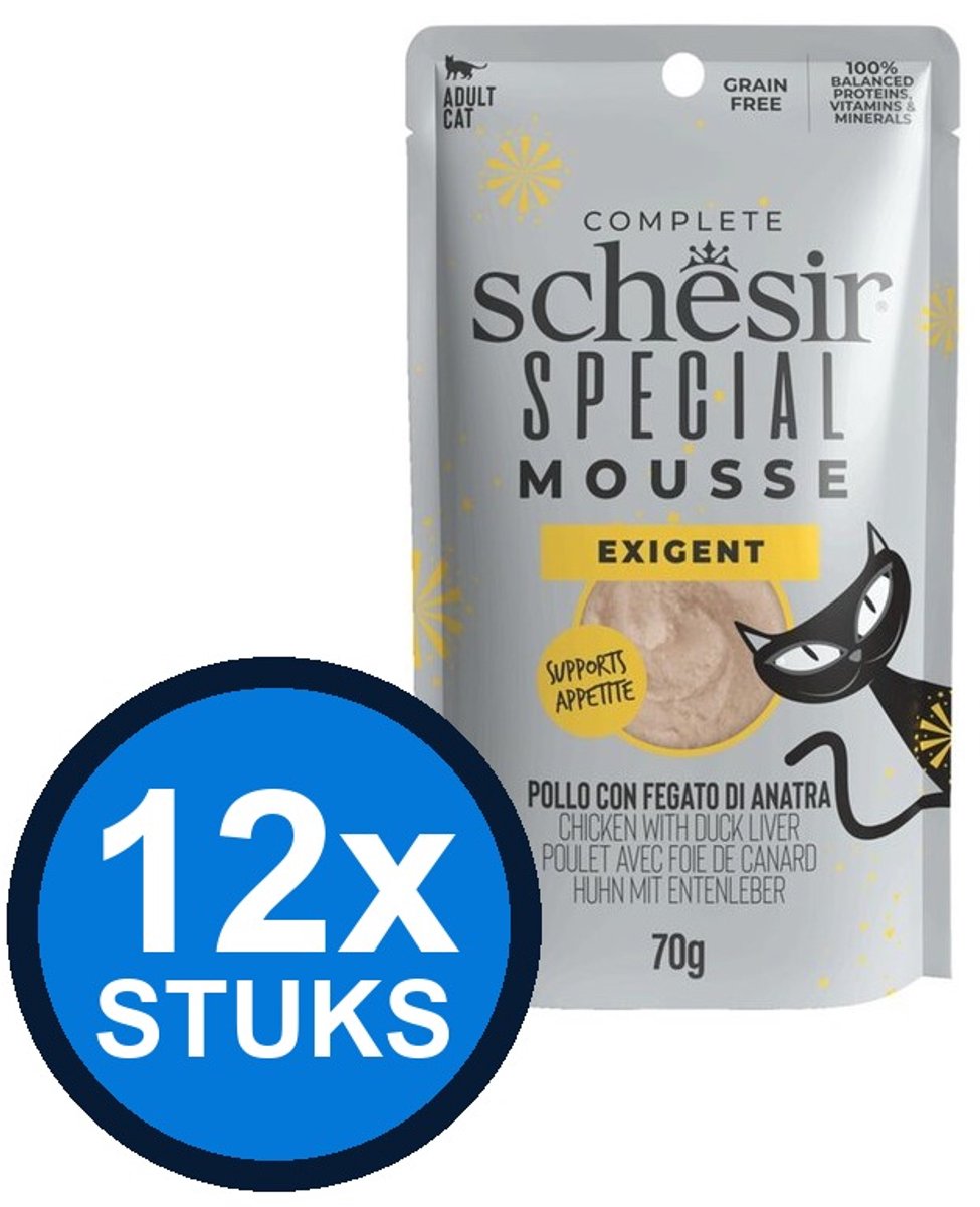 12x Schesir Special Exigent Mousse - Kip & Eendenlever - Kattenvoer Natvoer - 70g