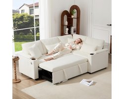 Woonkamer Hoekbank, L-Bank, 3-Zits Bank, L-Vormige, Uitschuifbare Hoekbank, Canapé Convertible Met Opbergruimte, Bekerhouder, USB-Oplaadpoort, Armleuninglegplank En Vier Kussens. Geschikt Voor Woonkamer, Beige