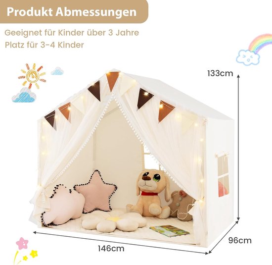 COSTWAY Speelhuis voor kinderen, binnen, kindertent met mat en verlichting, speeltent voor kinderen, prinsessenkinderspeelhuis, kinderkamer, decoratieve tent voor jongens en meisjes vanaf 3 jaar — afbeelding 4
