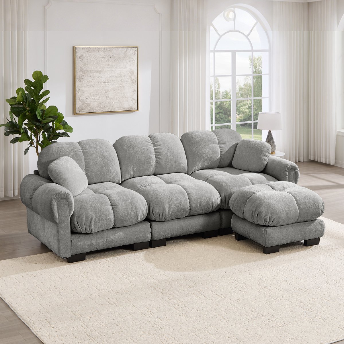 COVREO Hoekbank met mobiele ottomane – 260x149x90 cm – 3-zits L-vormige sofa – met chenille en stiknaden – Lichtgrijs