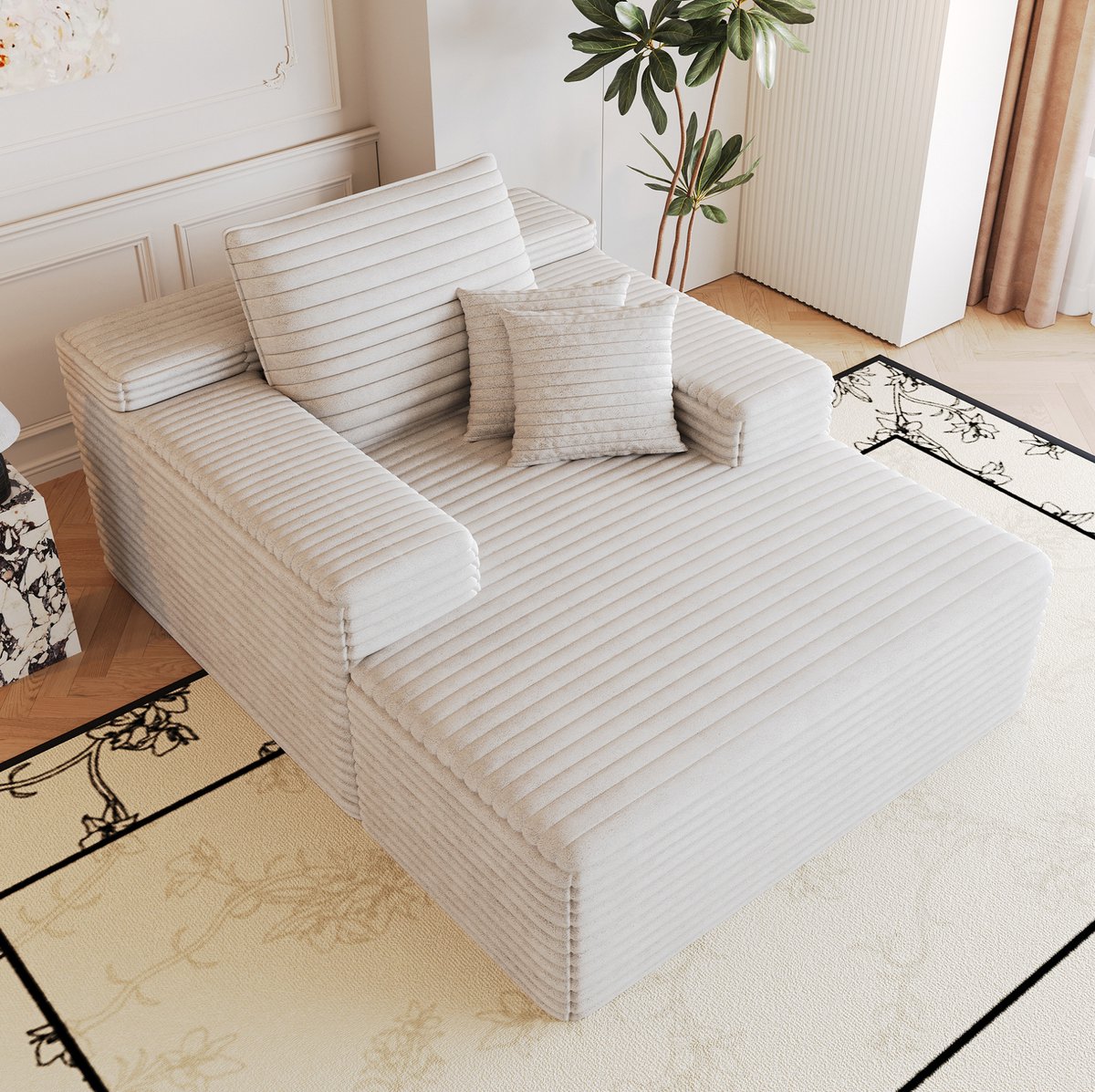 Wishdor Chaise longue - 1-zits - Zonder montage - Diepe zitting - Modern - Woonkamer slaapkamer appartement - Ribstof - Wit - 115 x 159 x 83 cm