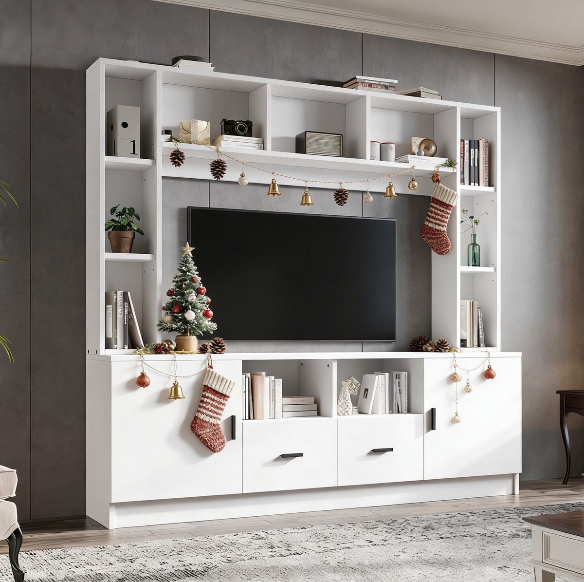 MODENUIT Tv Meubel - 2 Kasten 2 Lades 11 Vakken - Voor Woonkamer En Tv Tot 60 Inch - Spaanplaat - Wit