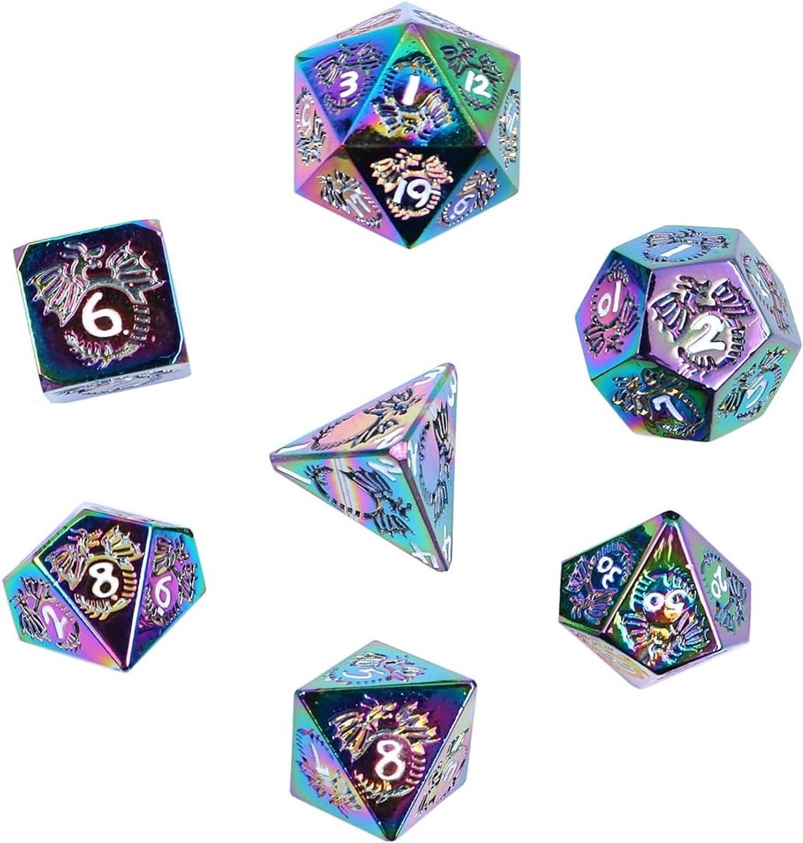 DND Metaal Dobbelstenen Set met Draakpatroon voor Rollenspellen en Bordspellen - Inclusief Zwarte Opbergtas en Kleurrijke Ontwerpen